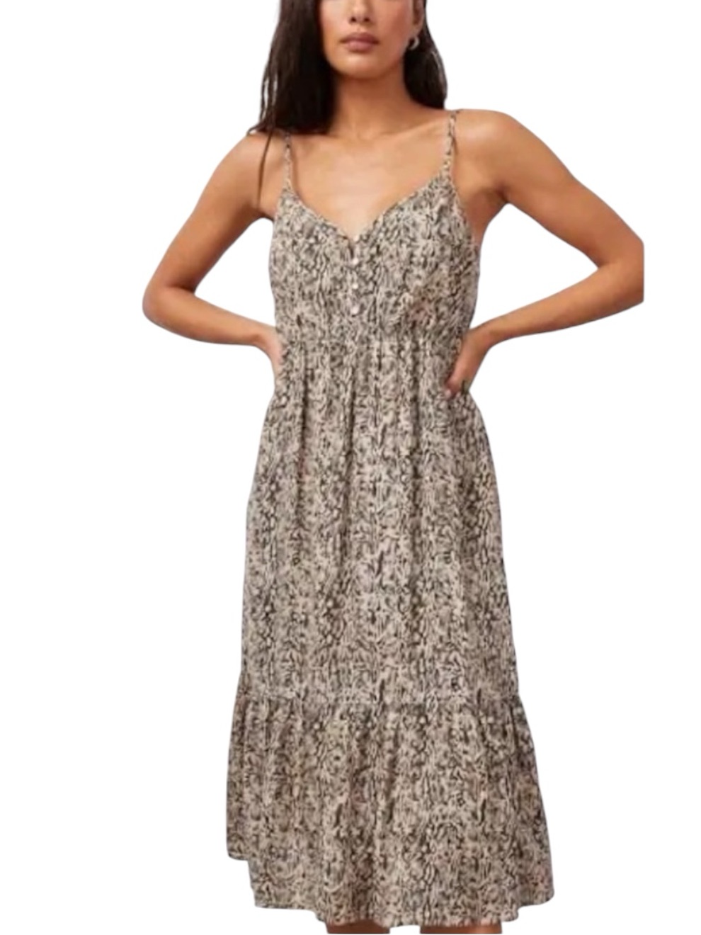 Rails Delilah Linen Boho Tiered Strappy Midi Dress Summer Cheetah Sand Tan